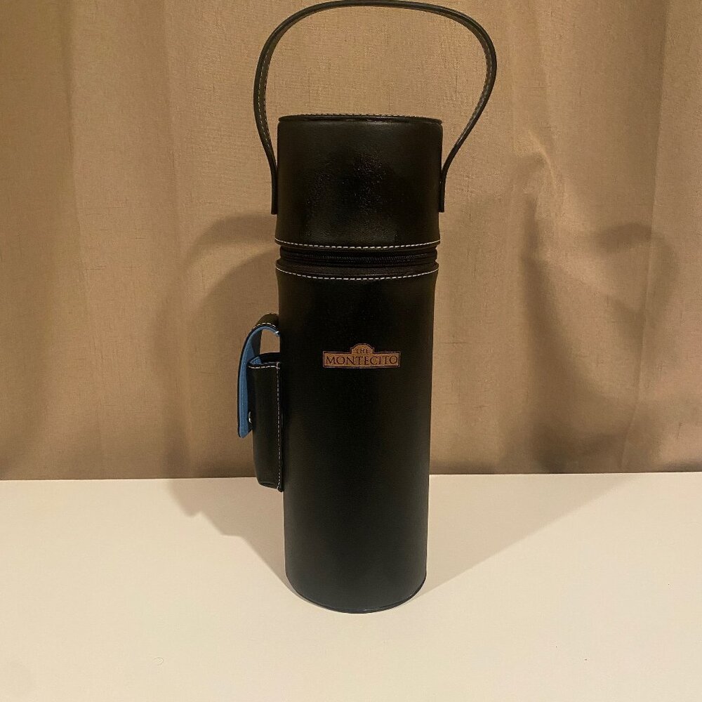 Montecito Wine Bottle Carry Case with Opener | Black Lined‎ 13.5" Leather Look